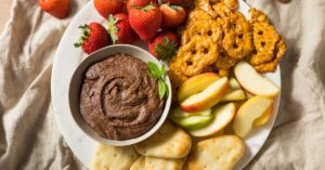 Chocolate Hummus Dessert Dip with Strawberries, Apples and Naan