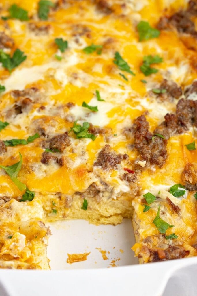 Close Up of Homemade Paula Deen Breakfast Casserole with Sausage, Eggs and Cheese