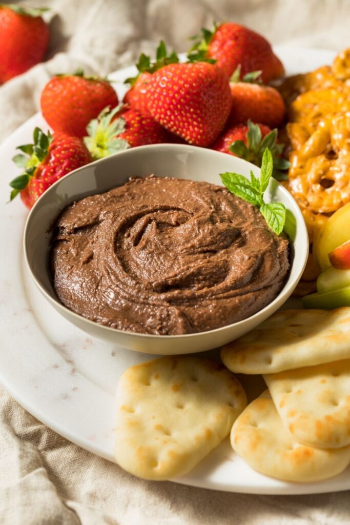 Homemade Chocolate Hummus Dessert Dip with Fruits and Naan