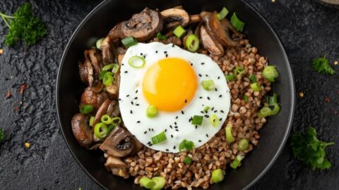 Homemade Cooked Buckwheat with Eggs, Mushrooms and Onions