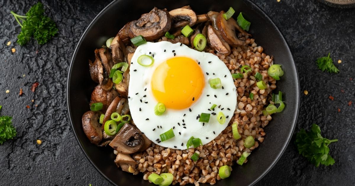 Homemade Cooked Buckwheat with Eggs, Mushrooms and Onions
