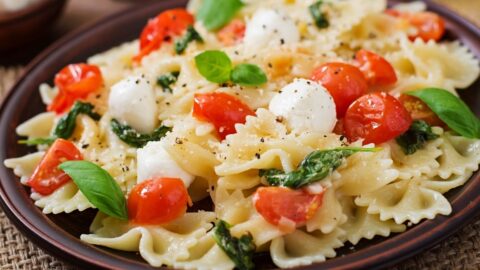 Homemade Farfalle Pasta with Mozzarella, Basil and Tomatoes