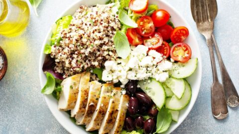 Homemade Greek Quinoa Bowl with Chicken, Cucumber, Olives and Tomatoes