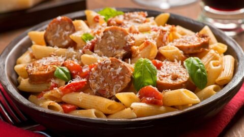 Homemade Pasta and Turkey Sausage with Tomatoes