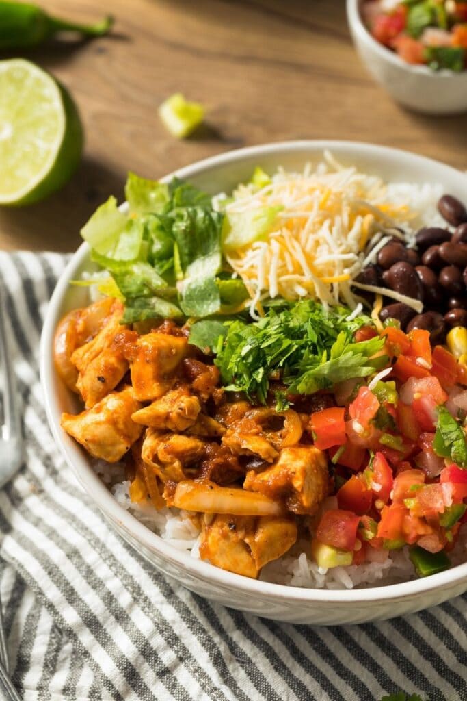 Homemade Rice Burrito Bowl with Chicken, Salsa and Black Beans