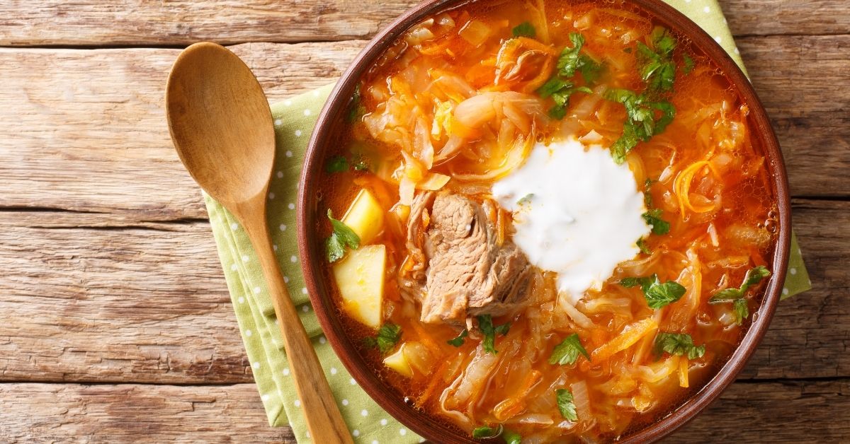 Homemade Russian Soup Shchi with Beef and Sour Cream