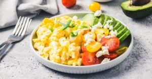 Homemade Scrambled Just Eggs with Tomatoes, Avocadoes and Tomatoes