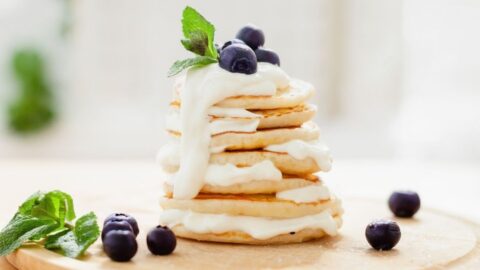 Homemade Sour Cream Pancakes with Fresh Blueberries