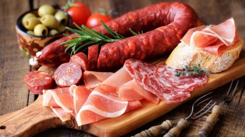 Homemade Spanish Tapas with Sausages, Meat and Bread