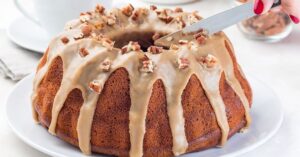 Homemade Sweet Potato Pound Cake with Caramel Sauce and Nuts