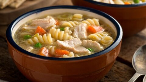 Warm Homemade Chicken Noodle Pasta Soup with Carrots and Peas