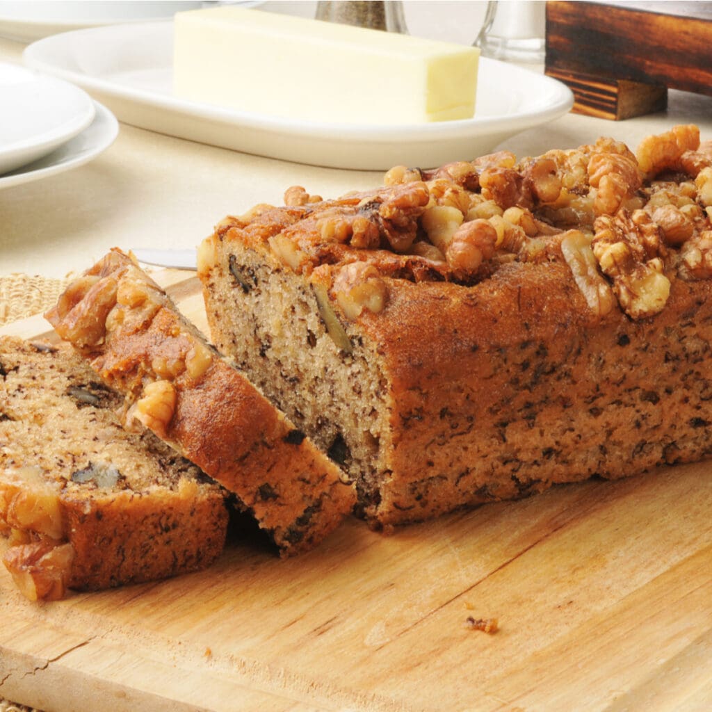 Deliciously moist banana bread with walnuts. One of my favorite baking recipes.