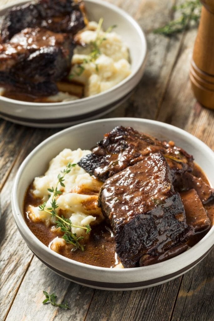 Braised Beef Short Ribs with Gravy in a Bowl