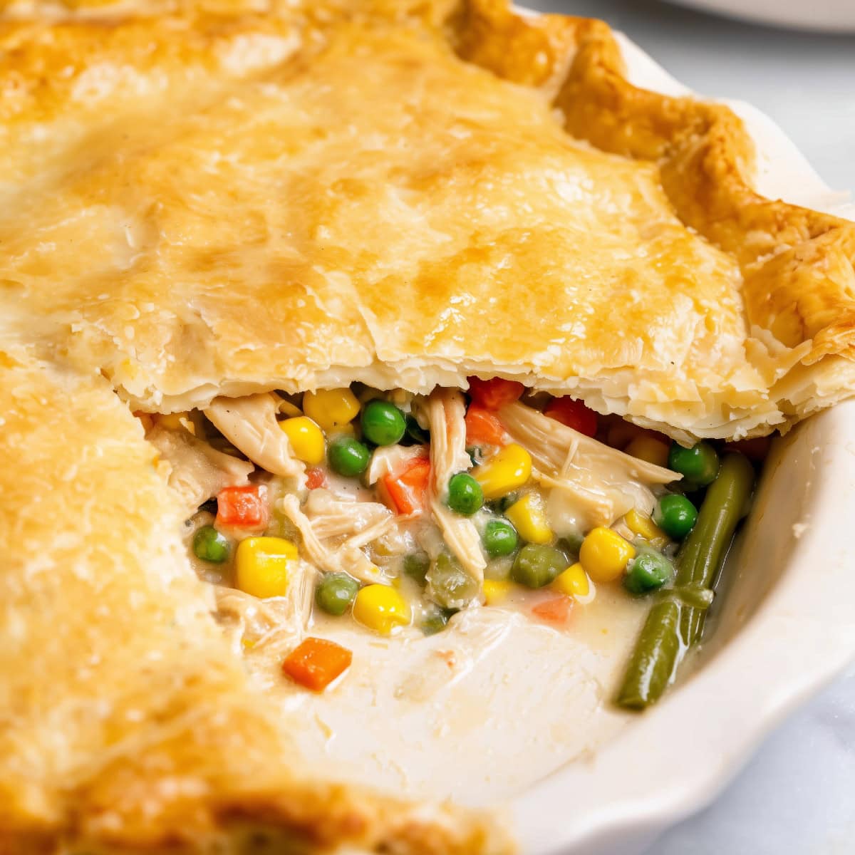 A close-up of chicken pot pie with mixed vegetables.
