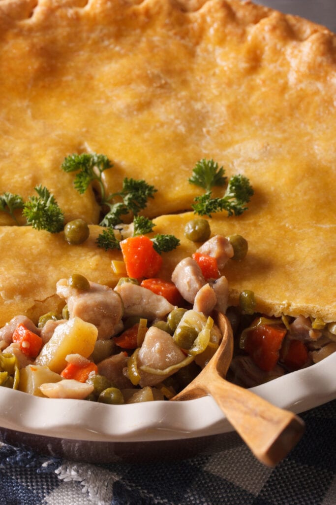 Campbell's Chicken Pot Pie Close Up with Wooden Spoon