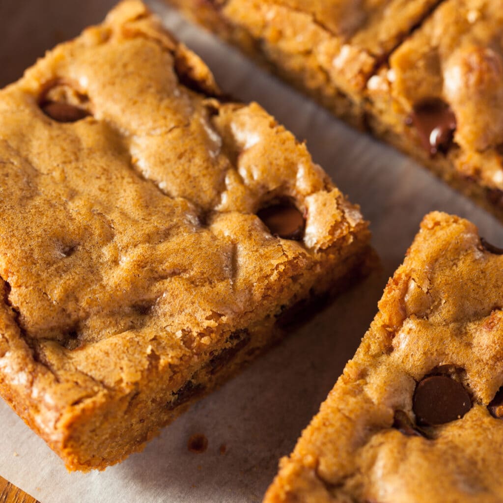 Close up of Freshly Baked Chocolate Chip Blondies