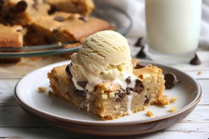 Chocolate Chip Blondie on a Plate with Vanilla Ice Cream and Milk in the Background
