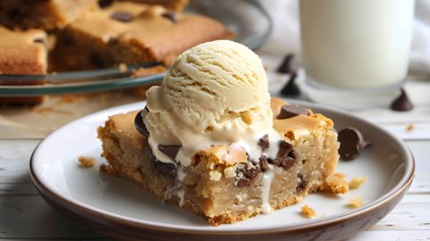 Chocolate Chip Blondie on a Plate with Vanilla Ice Cream and Milk in the Background