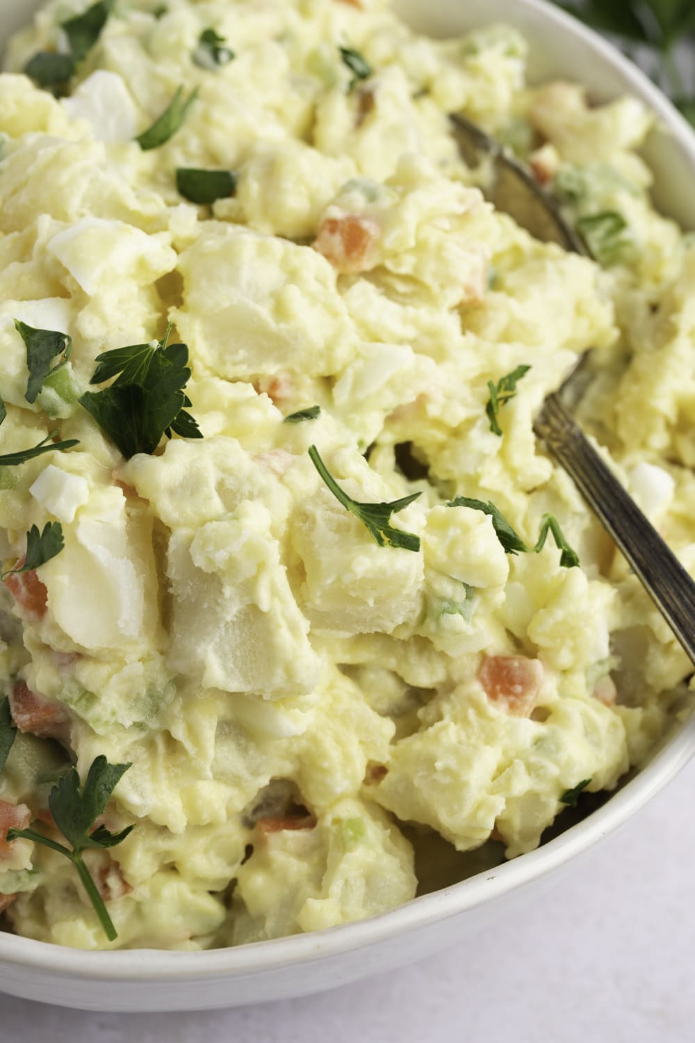 Amish Potato Salad Topped With Freshly Sliced Celery