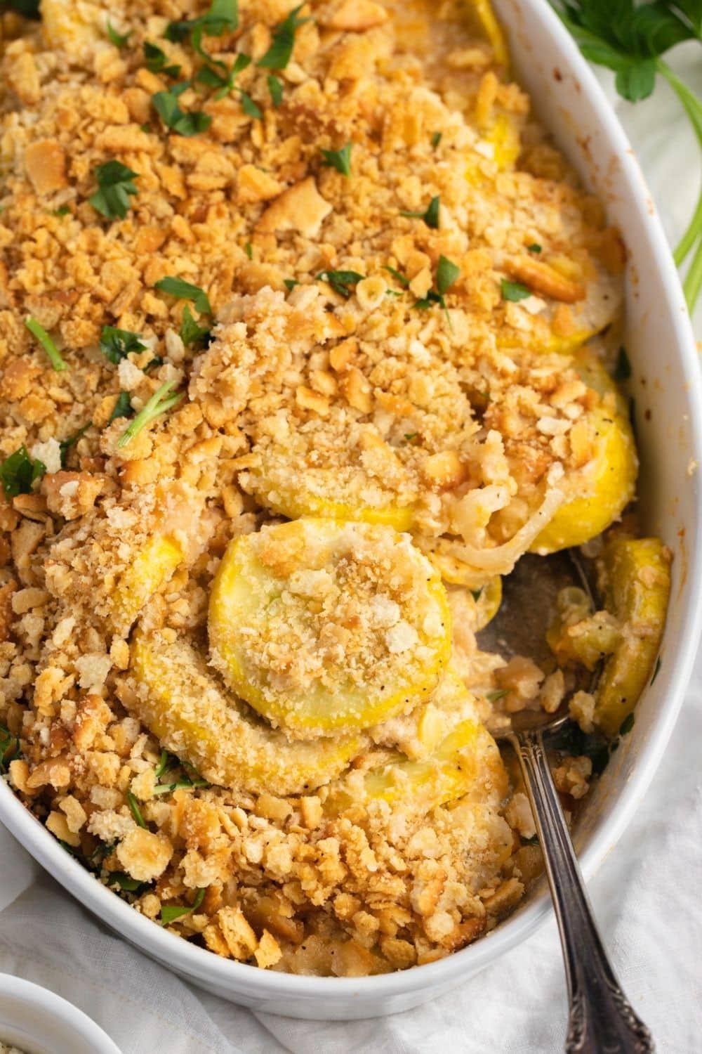 Yellow squash potatoes with crumbly toppings.