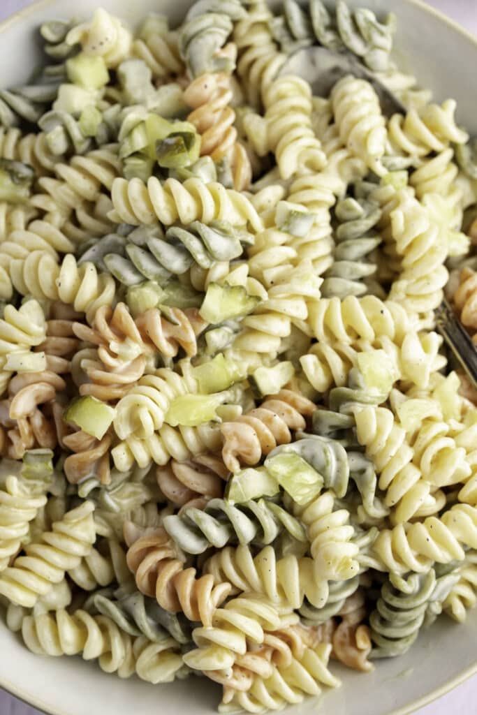 Colorful Dill Pickle Pasta Salad With Mayonnaise