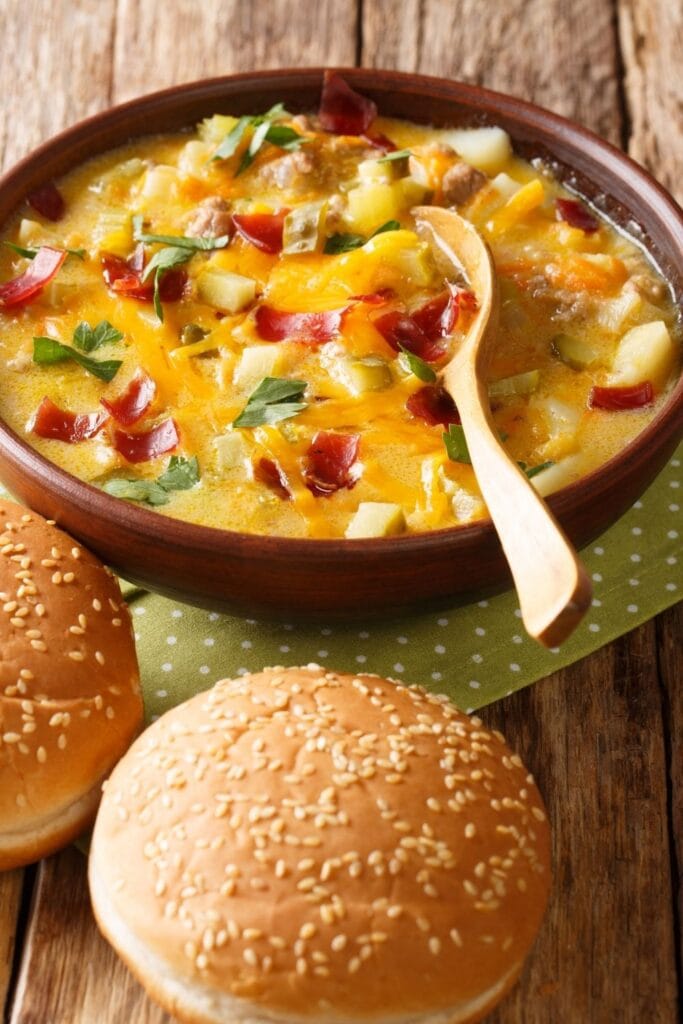 35 Velveeta Recipes That Are Easy and Cheesy featuring Ham and Cheese Soup with Burger Bun