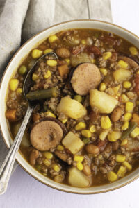 Hearty and Savory Texas Cowboy Stew with Sausage, Corn and Potatoes