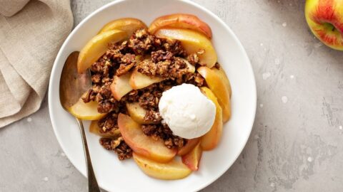 Homemade Apple Crumble with Apple Slices and Ice Cream