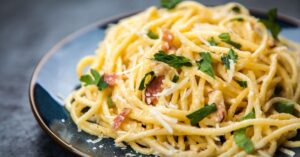 Homemade Carbonara with Egg, Pancetta and Herbs