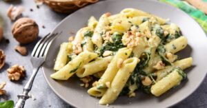Homemade Gorgonzola Pasta with Spinach in a Plate