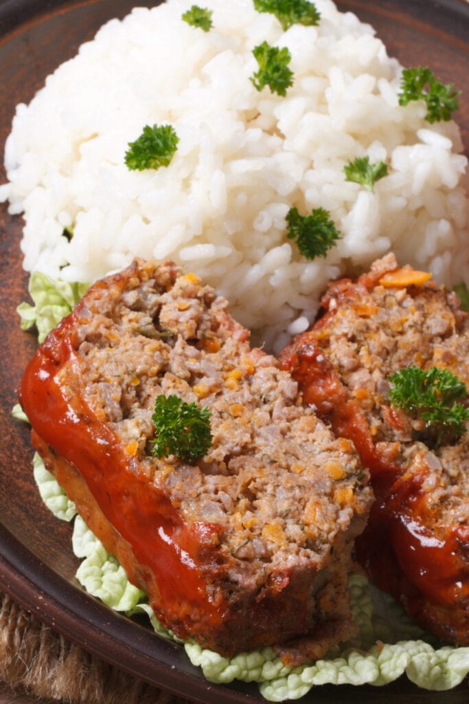 Homemade Meatloaf with Ketchup and Rice
