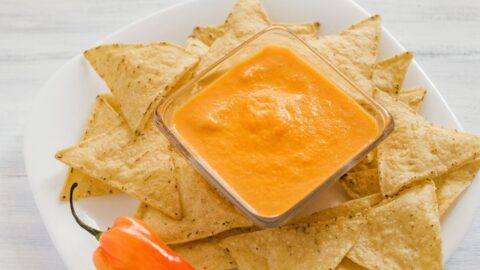 Homemade Spicy Habanero Sauce with Chips in a Plate