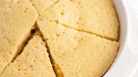 Microwave Cornbread in a White Round Baking Dish