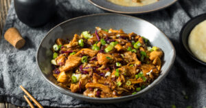 Moo Shu Chicken on Gray Plate with Gray Cloth