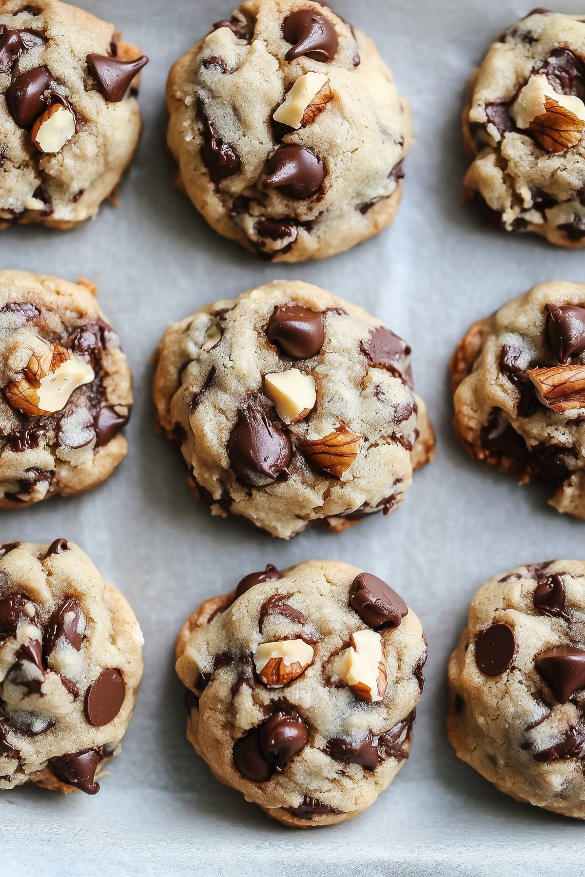 Neiman Marcus cookie balls with nuts and chocolate chips on a parchment paper.