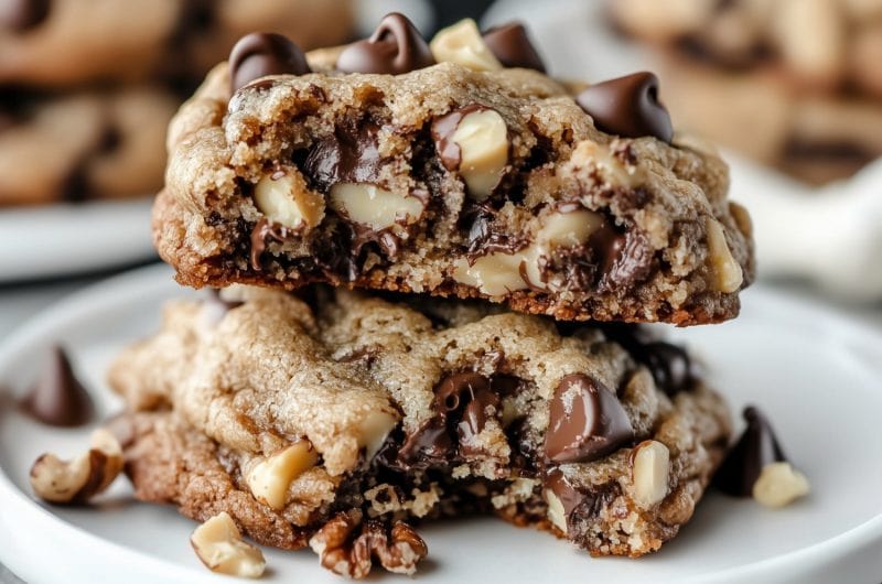 Neiman Marcus cookies stacked in a white plate with chocolate chips and nuts.