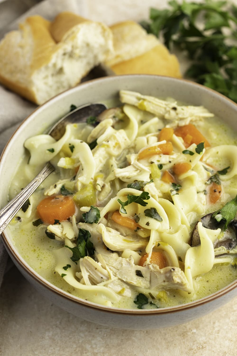 Creamy Paula Deen Chicken Noodle Soup Topped With Fresh Parsley
