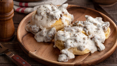 Sausage Gravy on Wooden Plate
