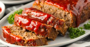 Meaty and savory homemade meatloaf topped with ketchup glaze
