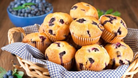 Soft and Fluffy Blueberry Muffins in a Basket