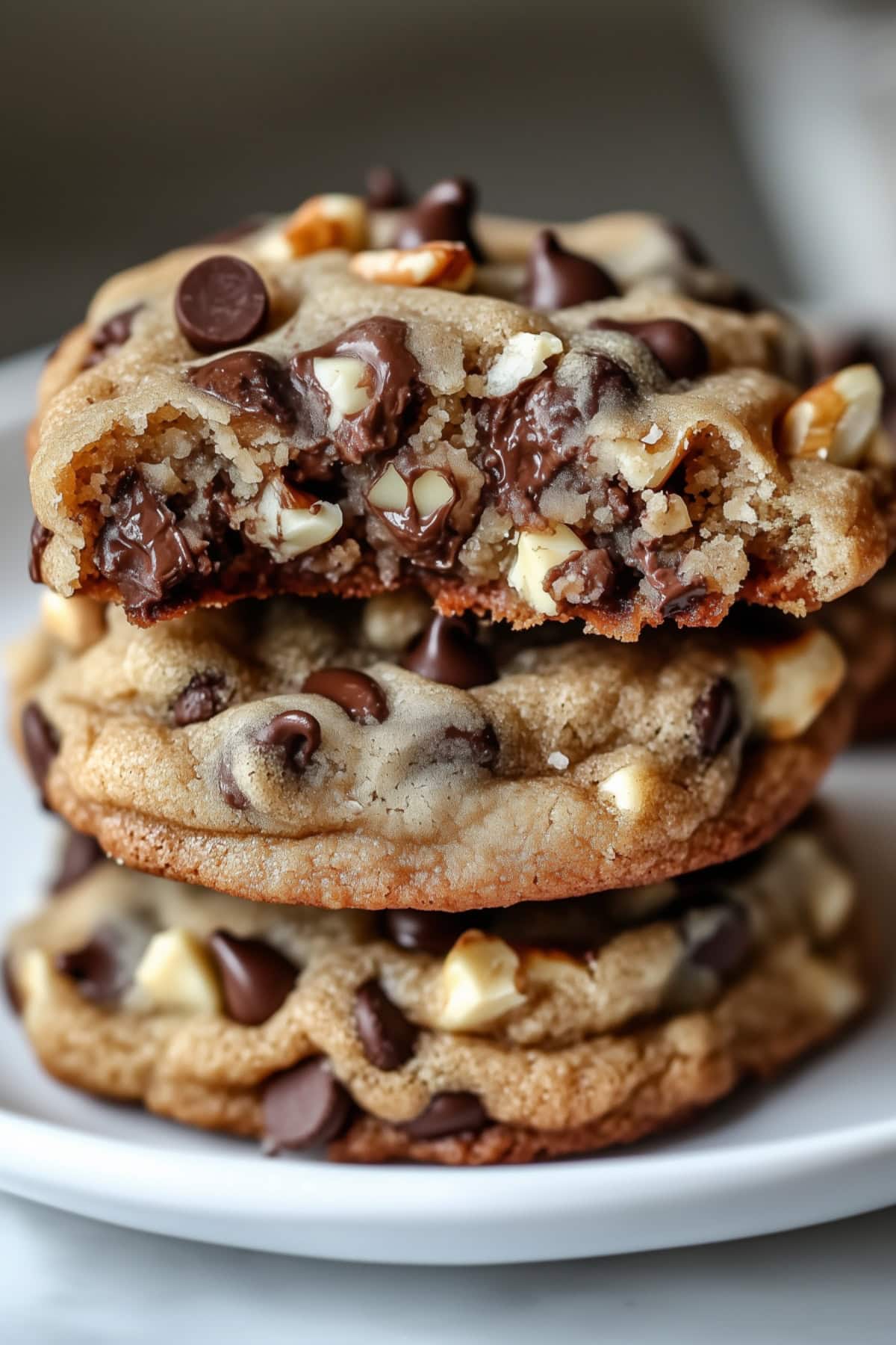 Copycat Neiman Marcus chocolate chip cookies stacked in a white plate.