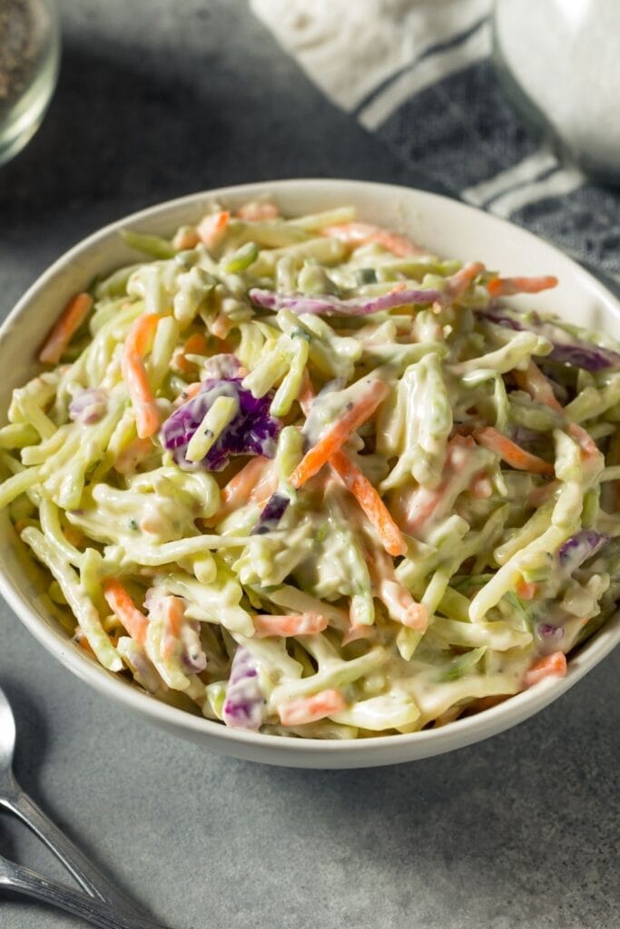 Recipes with Coleslaw Mix featuring a Bowl of Creamy Coleslaw
