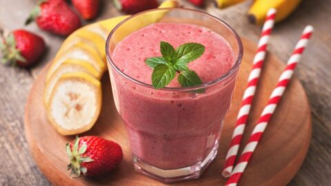 A Glass of Strawberry Banana Smoothie with Almonds