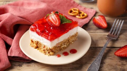 A Slice of Strawberry Pretzel Salad in a Plate