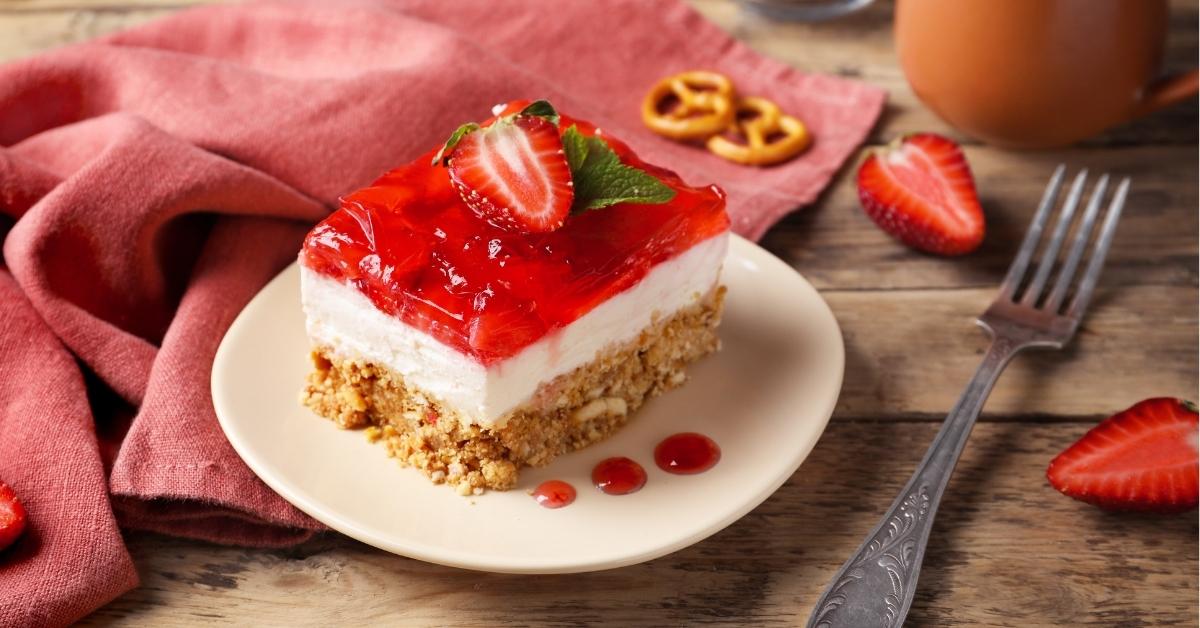 A Slice of Strawberry Pretzel Salad in a Plate