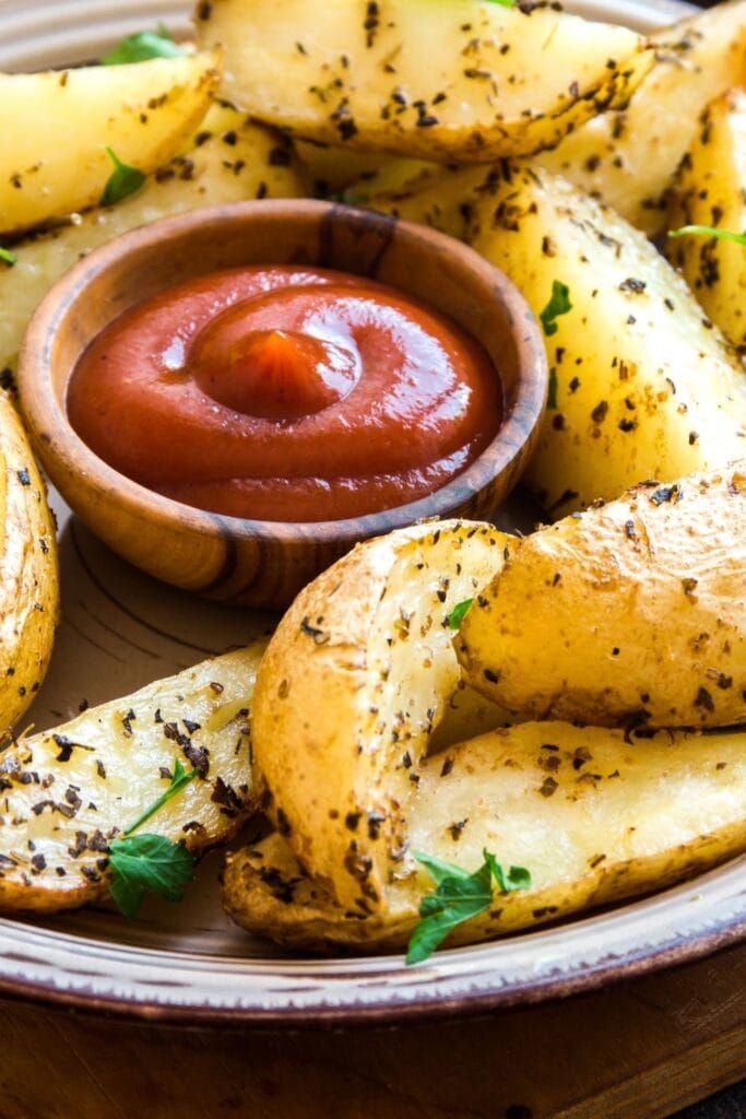 Easy Vegan Potato Recipes featuring Baked Potato Wedges with Ketchup