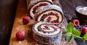 Chocolate Roulade with Raspberries in a Wooden Board