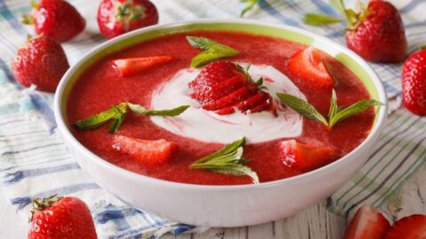 Creamy Strawberry Soup in a White Bowl