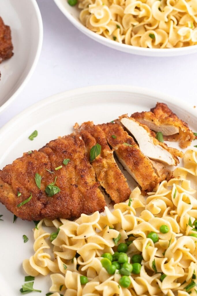 Crispy and Crunch Chicken Schnitzel with Noodles