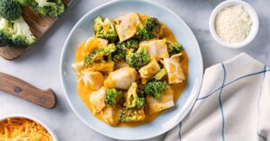 Homemade Baked Halibut with Broccoli in a Plate